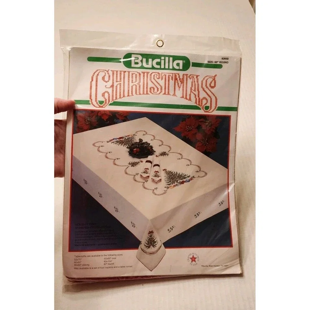 Bucilla Stamped Cross stitch Kit 60” Round Tablecloth Holiday Tree 82650 New Vtg